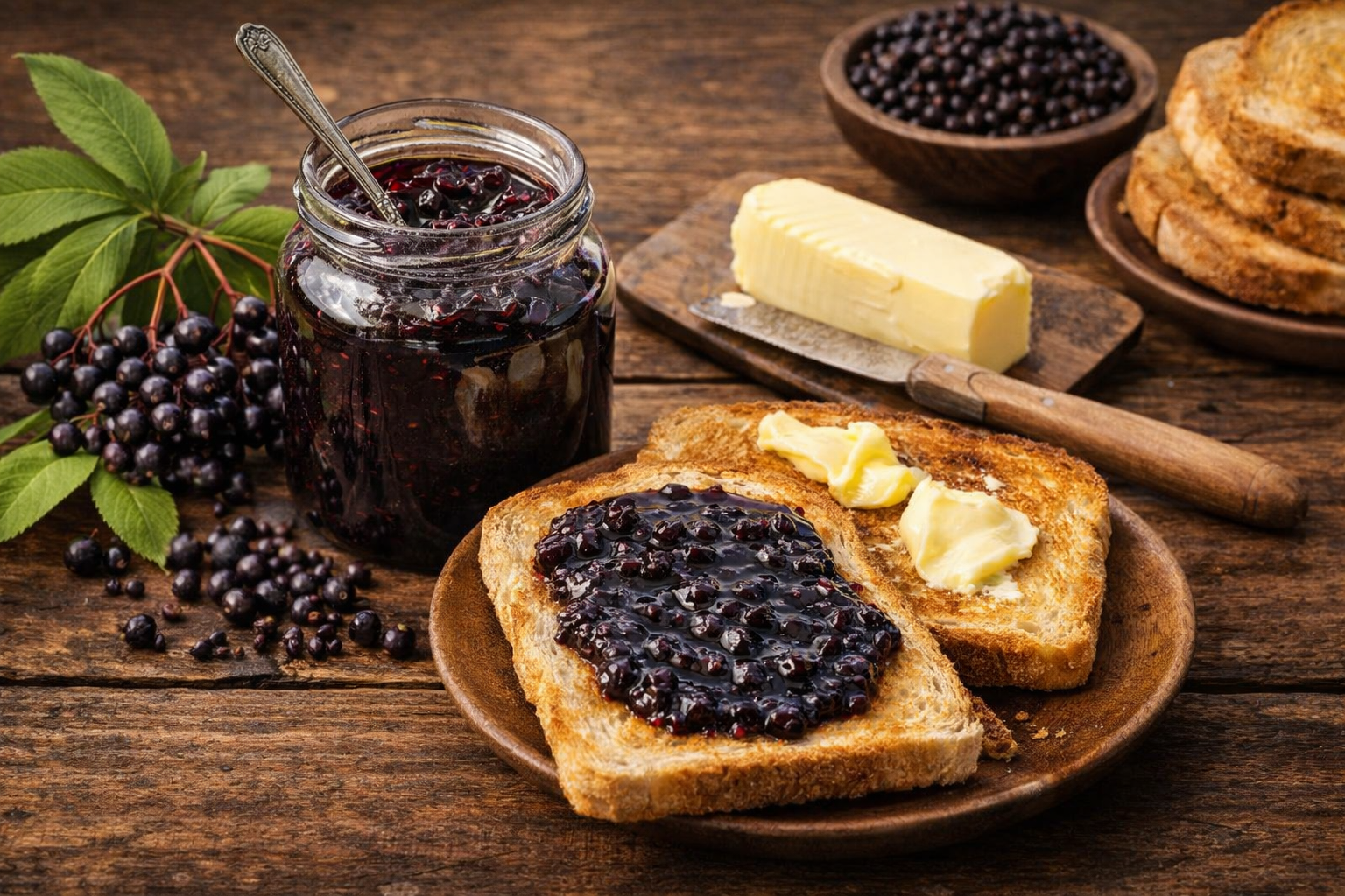 elderberry jam and toast with butter
