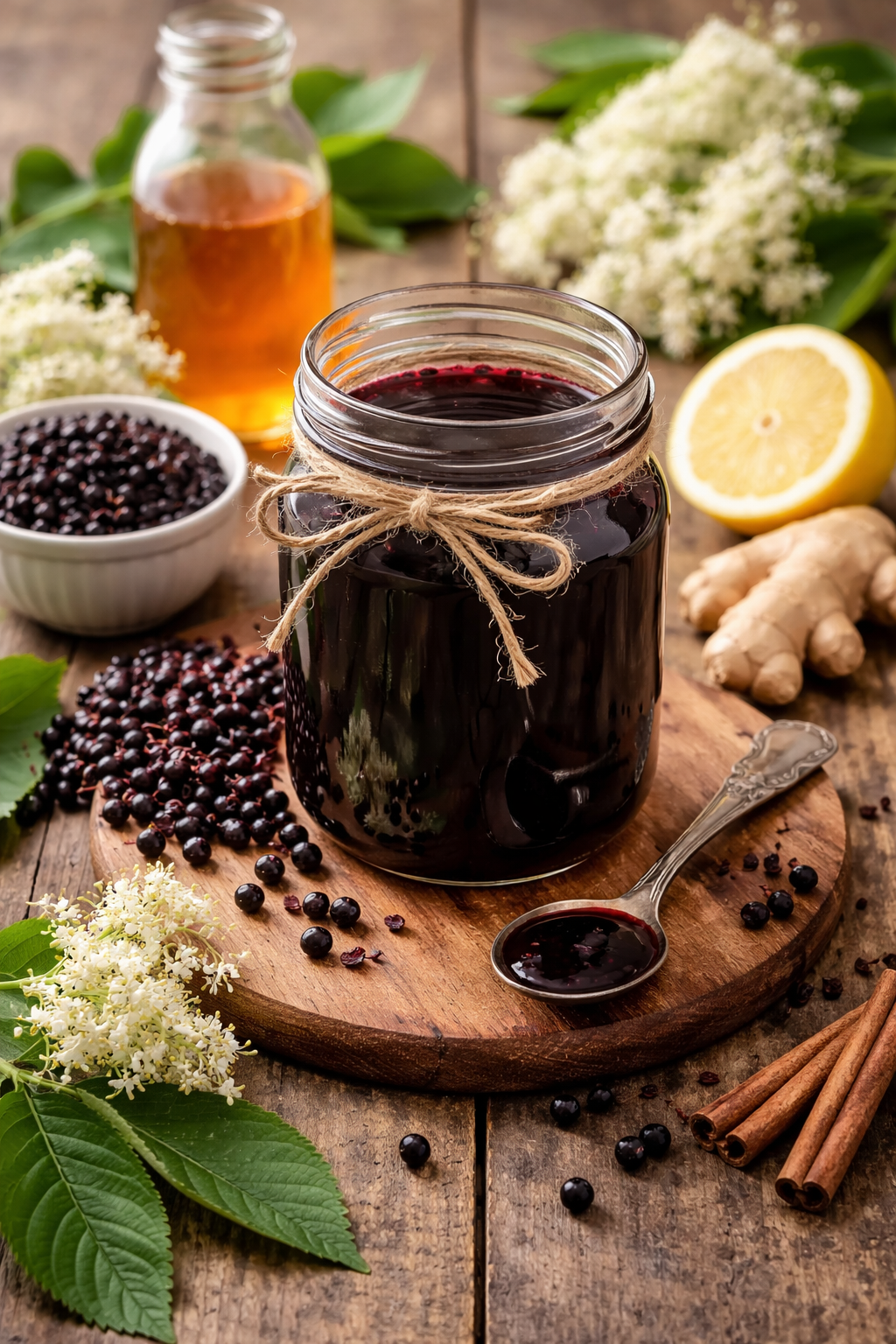 glass jar of homemade elderberry syrup